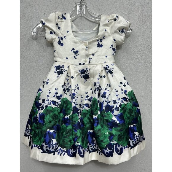 Janie & Jack Floral Dress Sz 3 Satin Ivory Blue & Green Formal Occasion Holiday - Picture 5 of 12